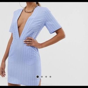 Boohoo Blue Stripe Plunge Neckline Mini Dress Women's 2